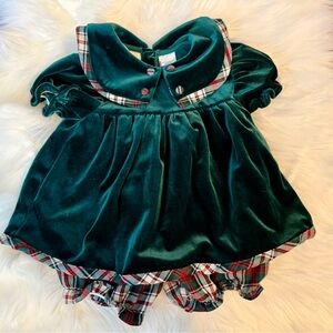 Little Precious Vintage Green Velvet Baby Dress with Plaid Trim Size 3-6 Months